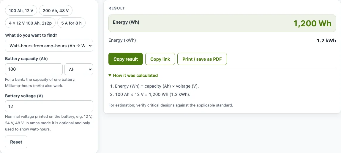 Amp hour calculator example