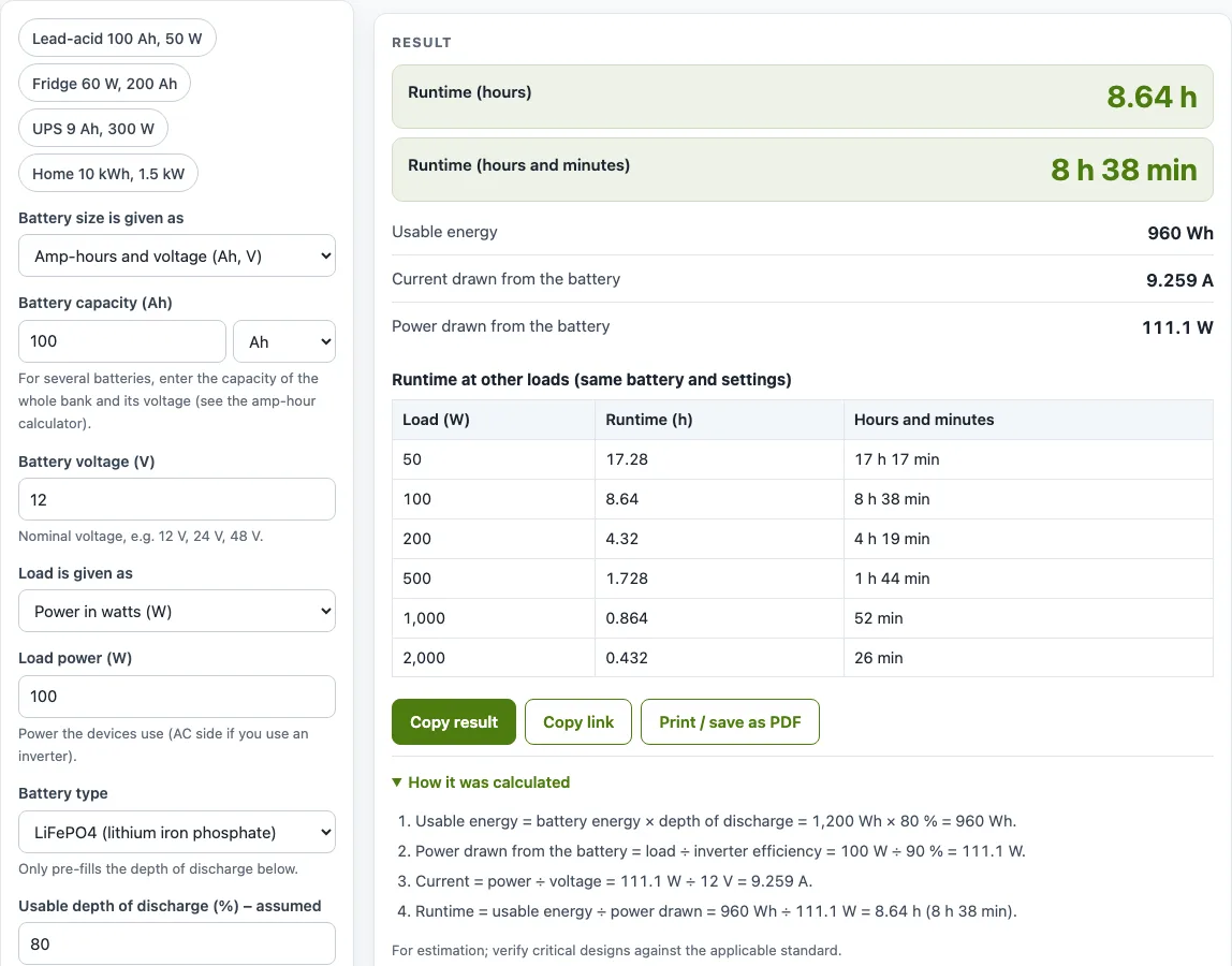 Battery runtime calculator example