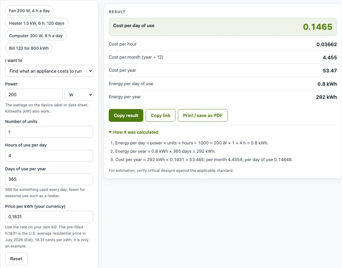 Electricity cost calculator kwh example