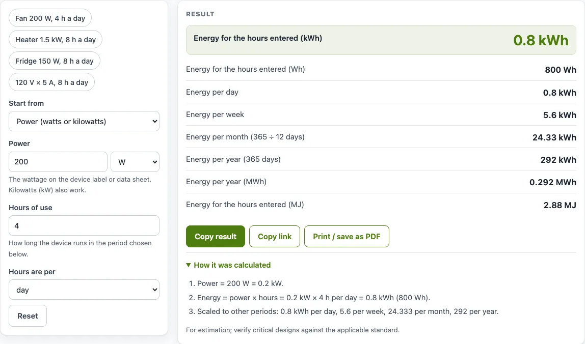 Kwh calculator example
