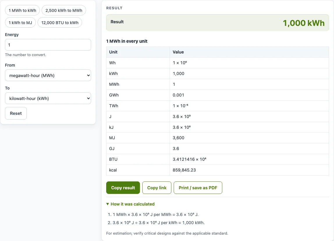 Mwh to kwh conversion example