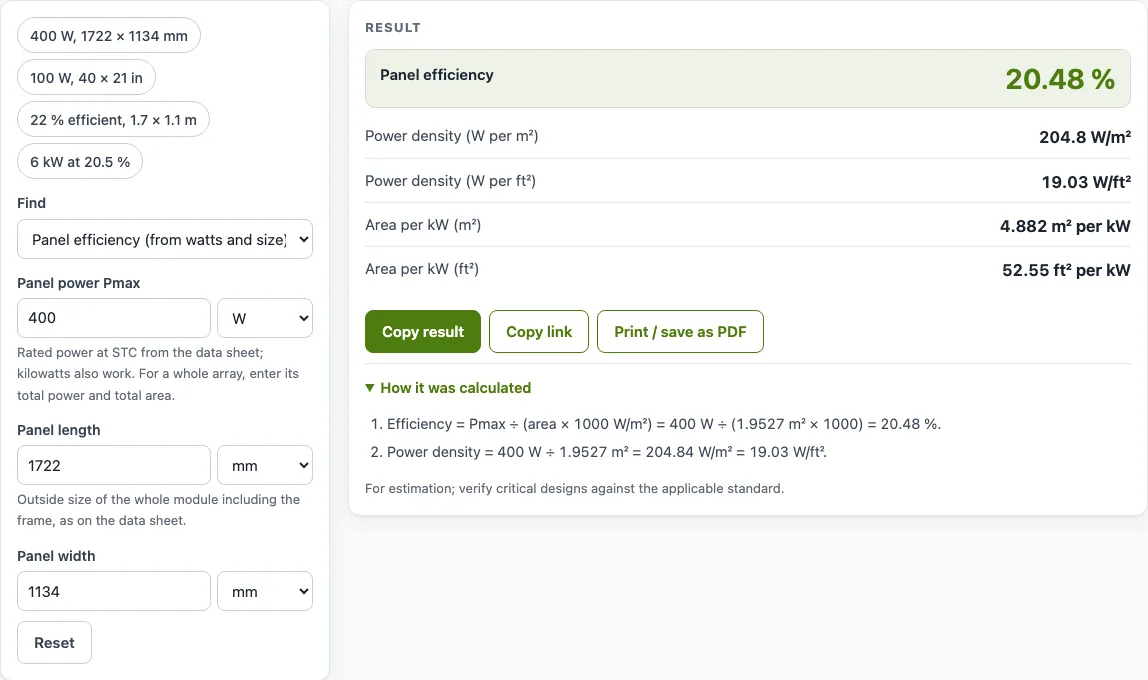 Solar panel efficiency calculator example