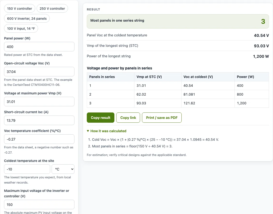 Solar string calculator example